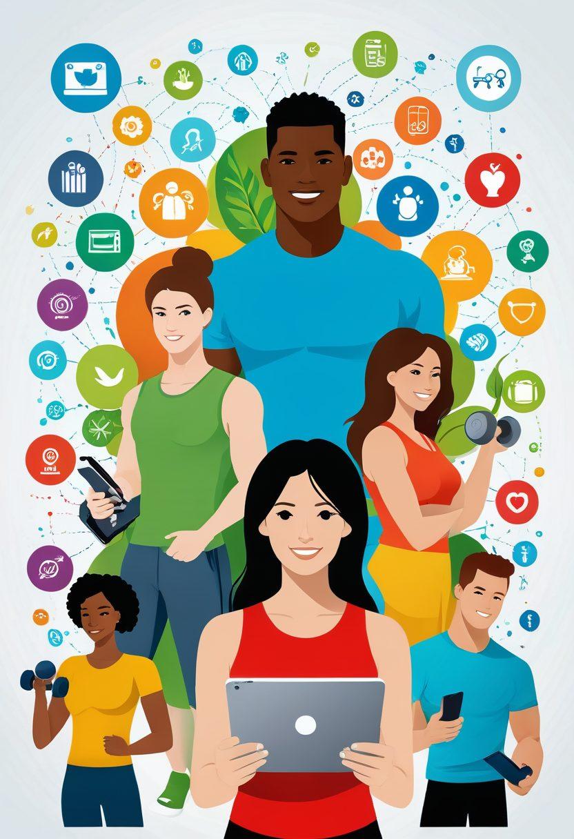 A visually engaging composition showcasing a diverse group of happy individuals using digital devices to access health plans online. Include vibrant icons representing wellness benefits like fitness, nutrition, and mental health. The background should have a modern, tech-inspired layout with soft blue and green tones, symbolizing health and tranquility. Super-realistic style with vibrant colors and a clean, white background.