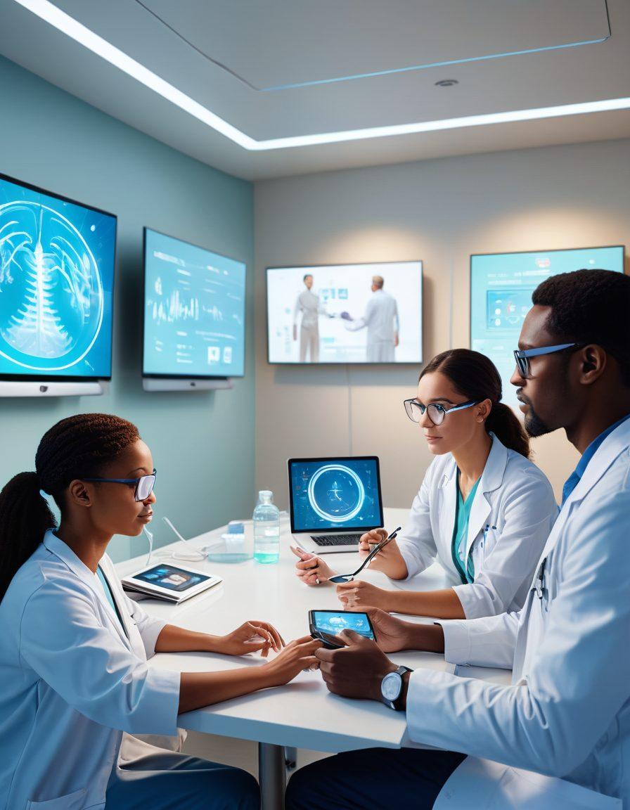 A futuristic healthcare scene showcasing a diverse group of patients interacting with advanced digital devices, like smartwatches and holographic displays, in a bright, tech-savvy clinic. Incorporate elements such as telemedicine consultations, AI health monitors, and virtual reality wellness sessions. The background should feature calming colors and abstract digital motifs symbolizing innovation. super-realistic. vibrant colors. futuristic.
